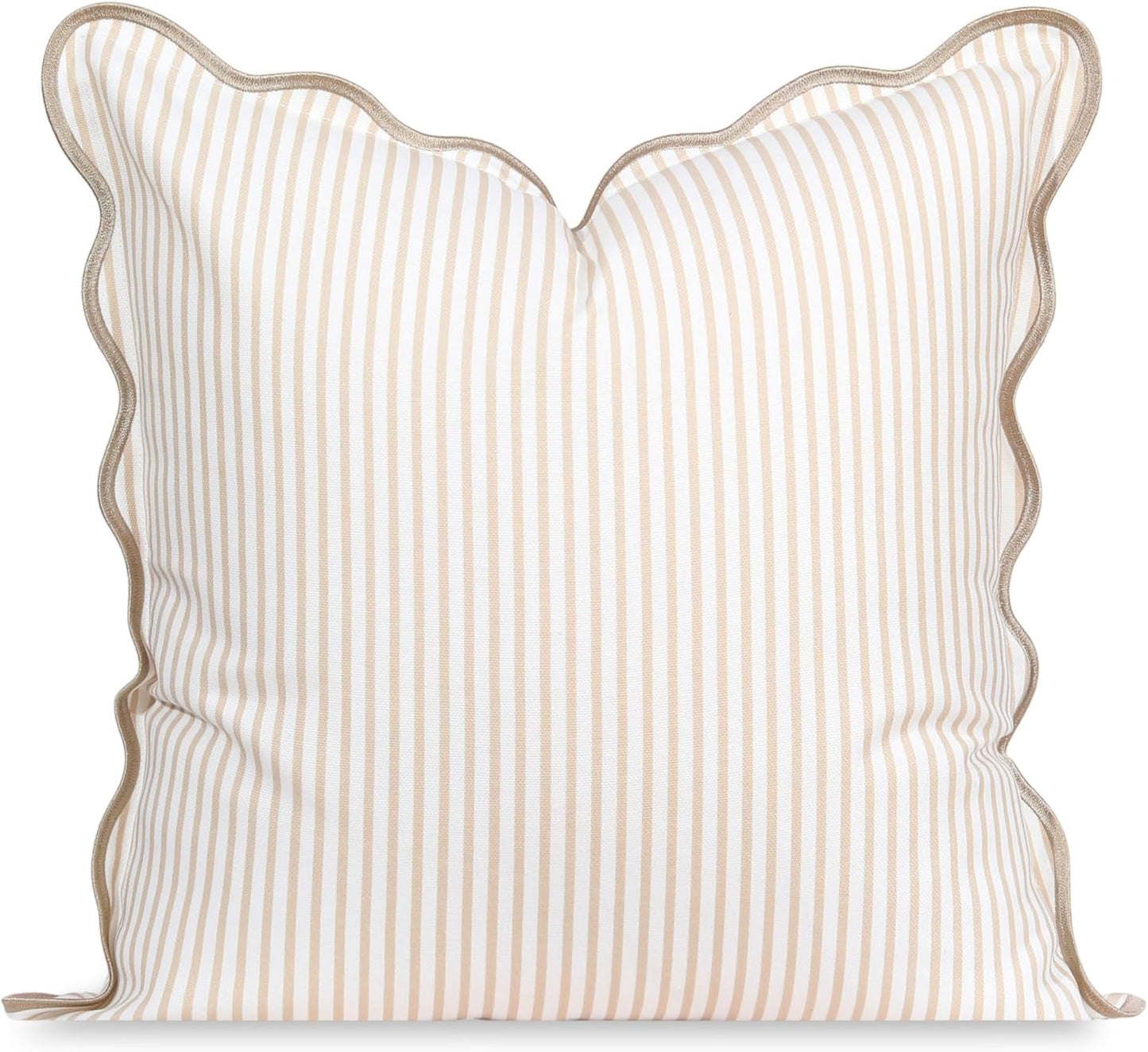 Hofdeco Premium Coastal Patio Indoor Outdoor Scalloped Throw Pillow Cover Only, 20"x20" Water Repellent for Backyard, Couch, Neutral Tan Print Stripes