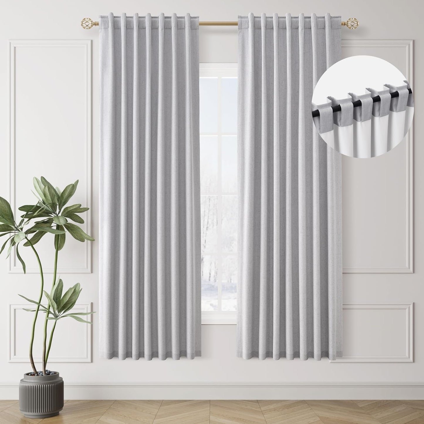 Natural Linen 100% Blackout Curtains for Bedroom 102 Inch Long 2 Panels Window Curtain Floor To Ceiling Length for Living Room Sliding Glass Door Back Tab Cream Linen Room Darkening Drapes 52x102