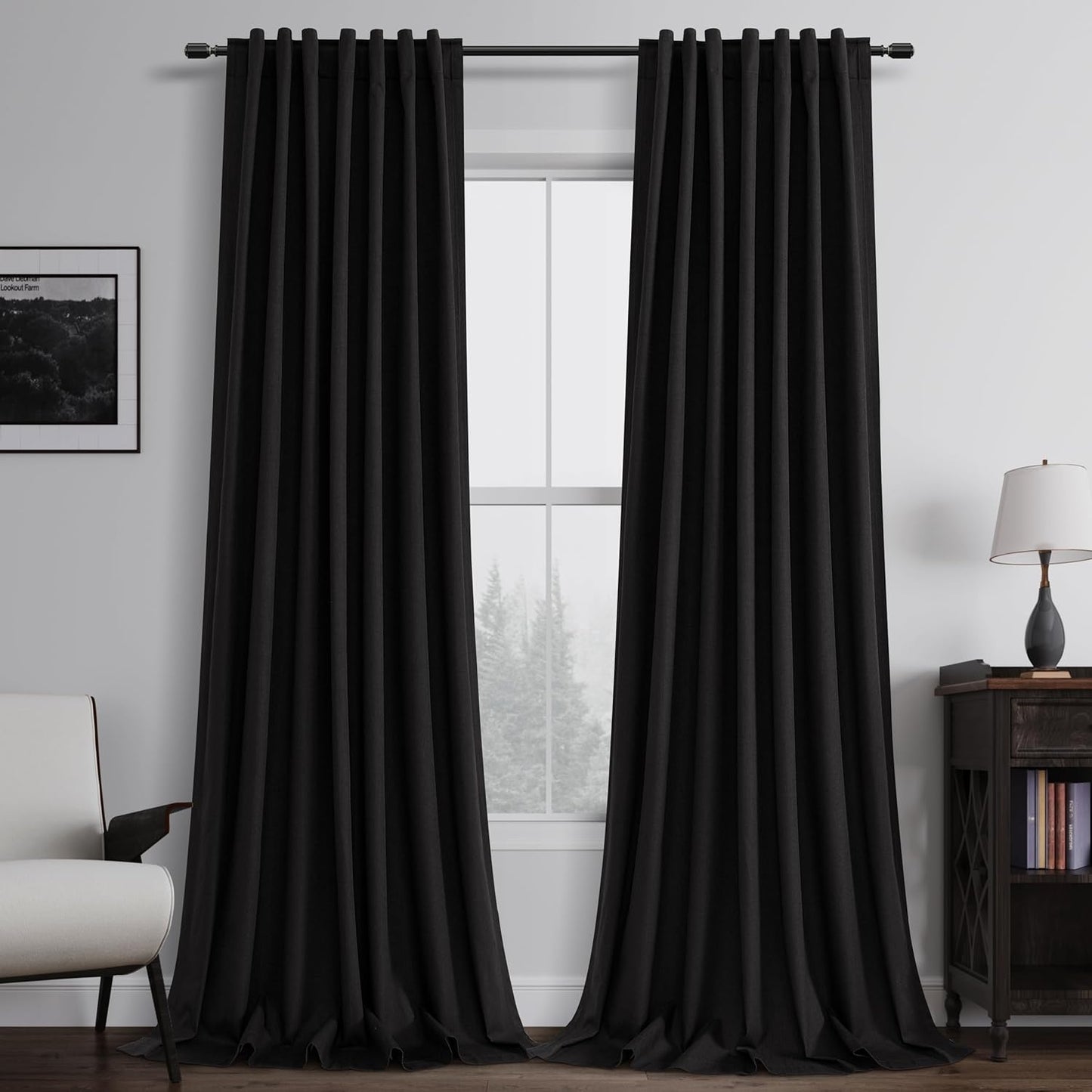 Natural Linen 100% Blackout Curtains for Bedroom 102 Inch Long 2 Panels Window Curtain Floor To Ceiling Length for Living Room Sliding Glass Door Back Tab Cream Linen Room Darkening Drapes 52x102