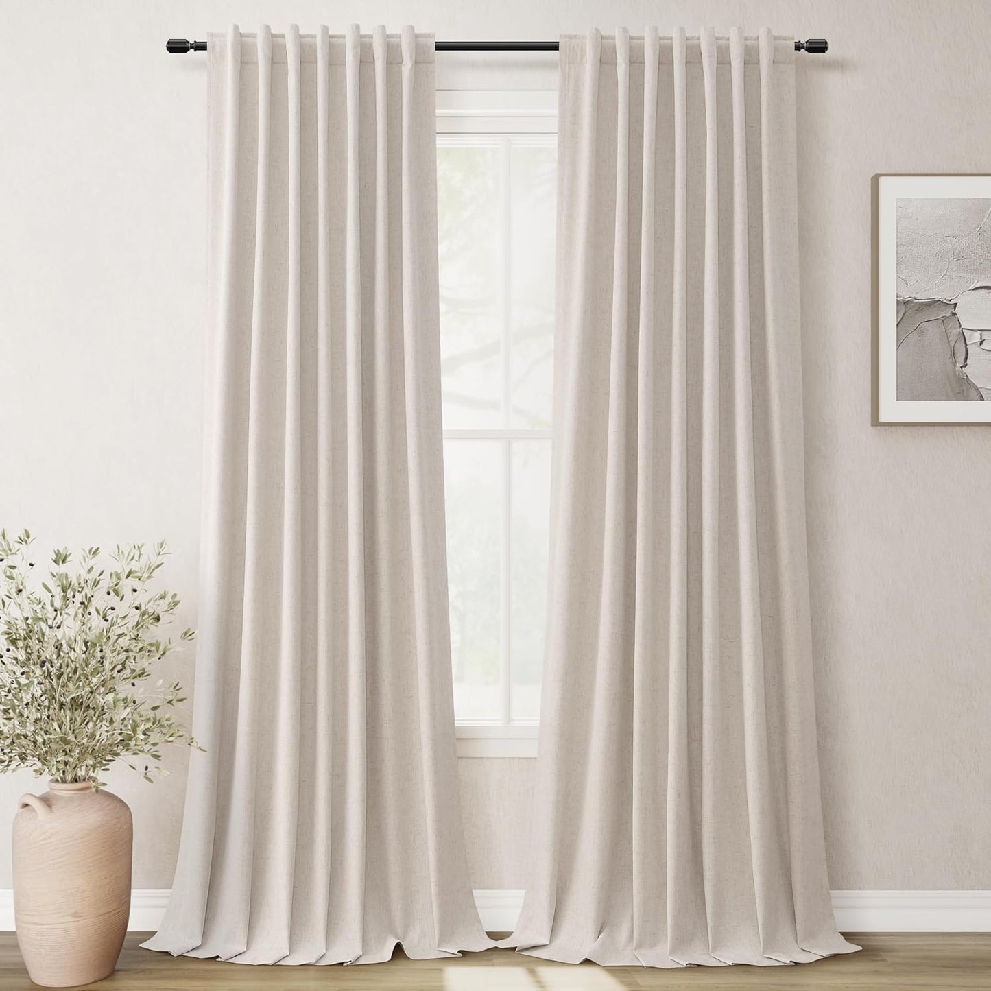 Natural Linen 100% Blackout Curtains for Bedroom 102 Inch Long 2 Panels Window Curtain Floor To Ceiling Length for Living Room Sliding Glass Door Back Tab Cream Linen Room Darkening Drapes 52x102