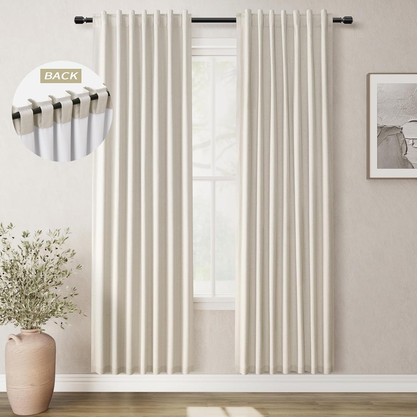 Natural Linen 100% Blackout Curtains for Bedroom 102 Inch Long 2 Panels Window Curtain Floor To Ceiling Length for Living Room Sliding Glass Door Back Tab Cream Linen Room Darkening Drapes 52x102