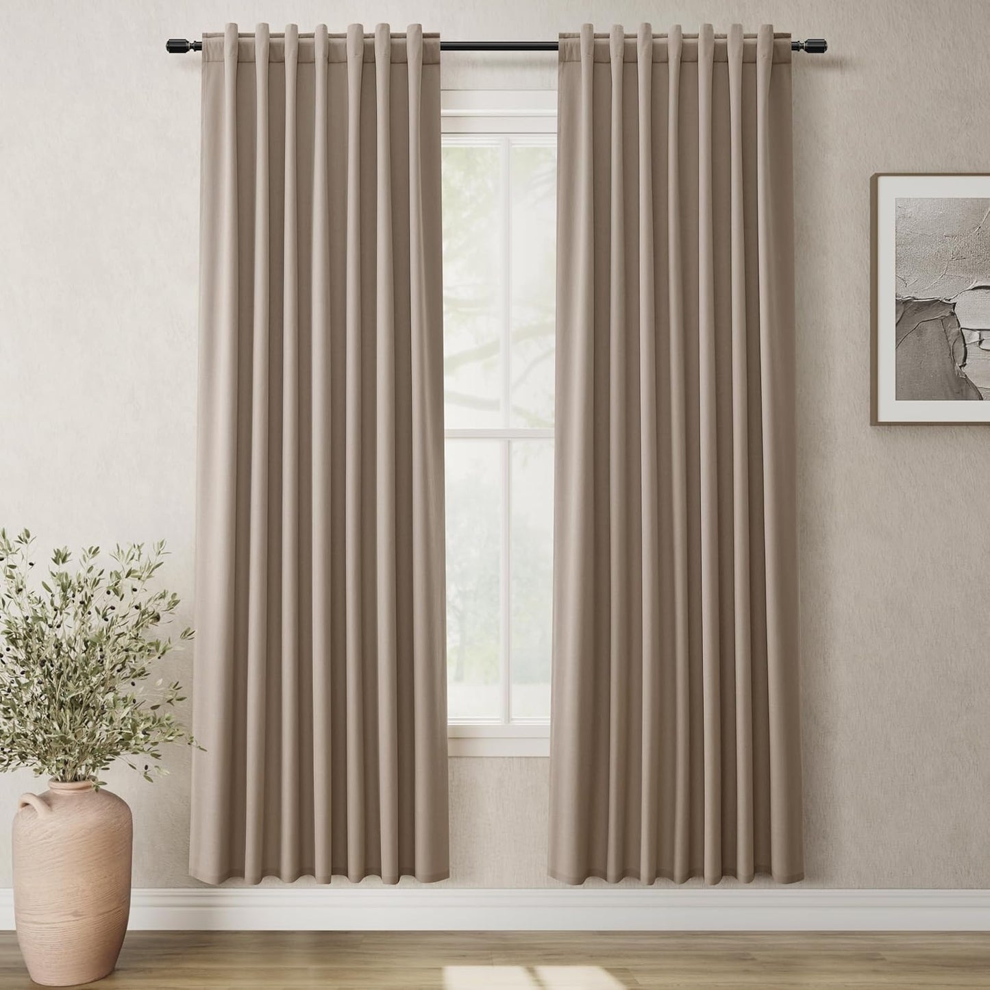 Natural Linen 100% Blackout Curtains for Bedroom 102 Inch Long 2 Panels Window Curtain Floor To Ceiling Length for Living Room Sliding Glass Door Back Tab Cream Linen Room Darkening Drapes 52x102