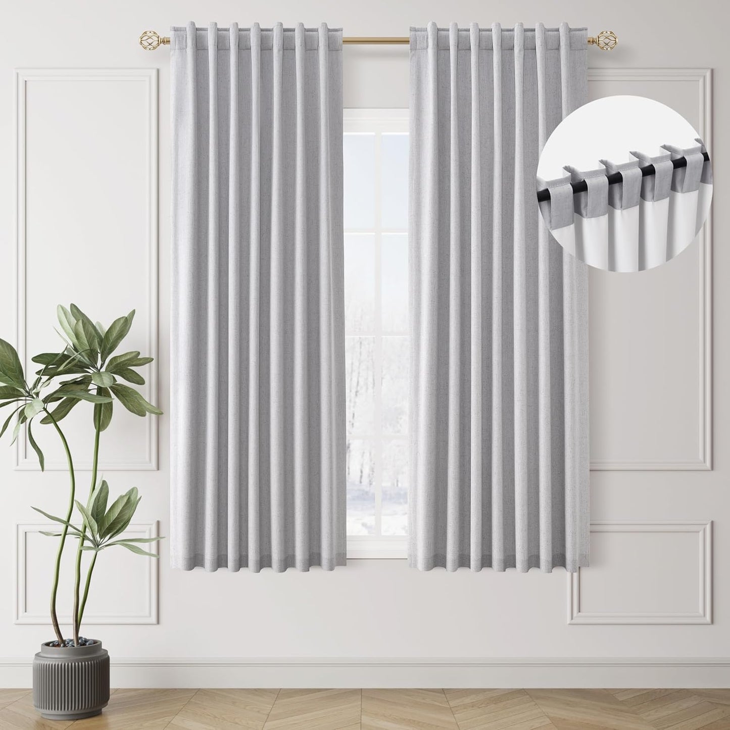 Natural Linen 100% Blackout Curtains for Bedroom 102 Inch Long 2 Panels Window Curtain Floor To Ceiling Length for Living Room Sliding Glass Door Back Tab Cream Linen Room Darkening Drapes 52x102