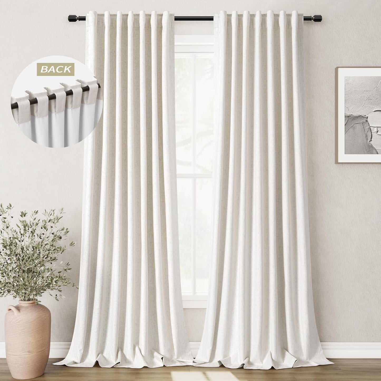 Natural Linen 100% Blackout Curtains for Bedroom 102 Inch Long 2 Panels Window Curtain Floor To Ceiling Length for Living Room Sliding Glass Door Back Tab Cream Linen Room Darkening Drapes 52x102