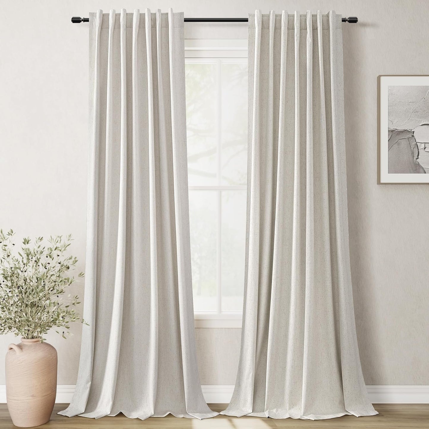 Natural Linen 100% Blackout Curtains for Bedroom 102 Inch Long 2 Panels Window Curtain Floor To Ceiling Length for Living Room Sliding Glass Door Back Tab Cream Linen Room Darkening Drapes 52x102