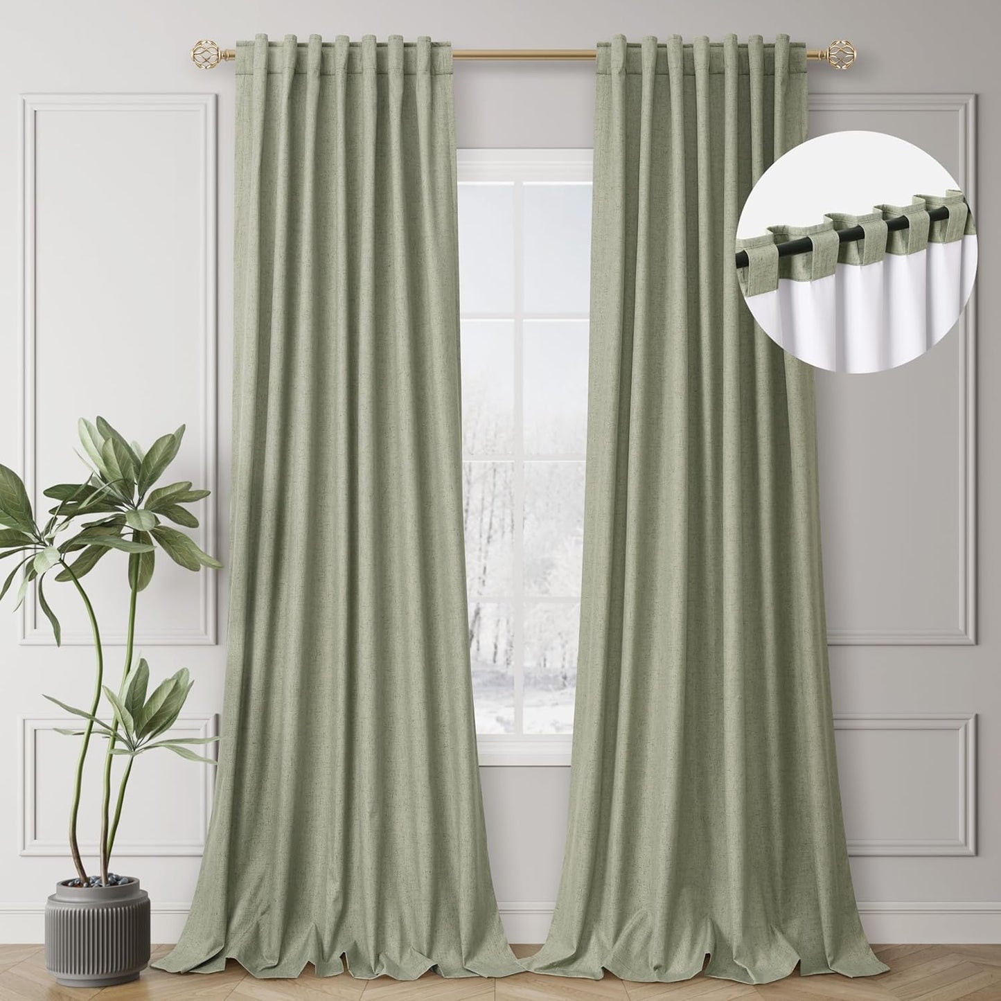 Natural Linen 100% Blackout Curtains for Bedroom 102 Inch Long 2 Panels Window Curtain Floor To Ceiling Length for Living Room Sliding Glass Door Back Tab Cream Linen Room Darkening Drapes 52x102
