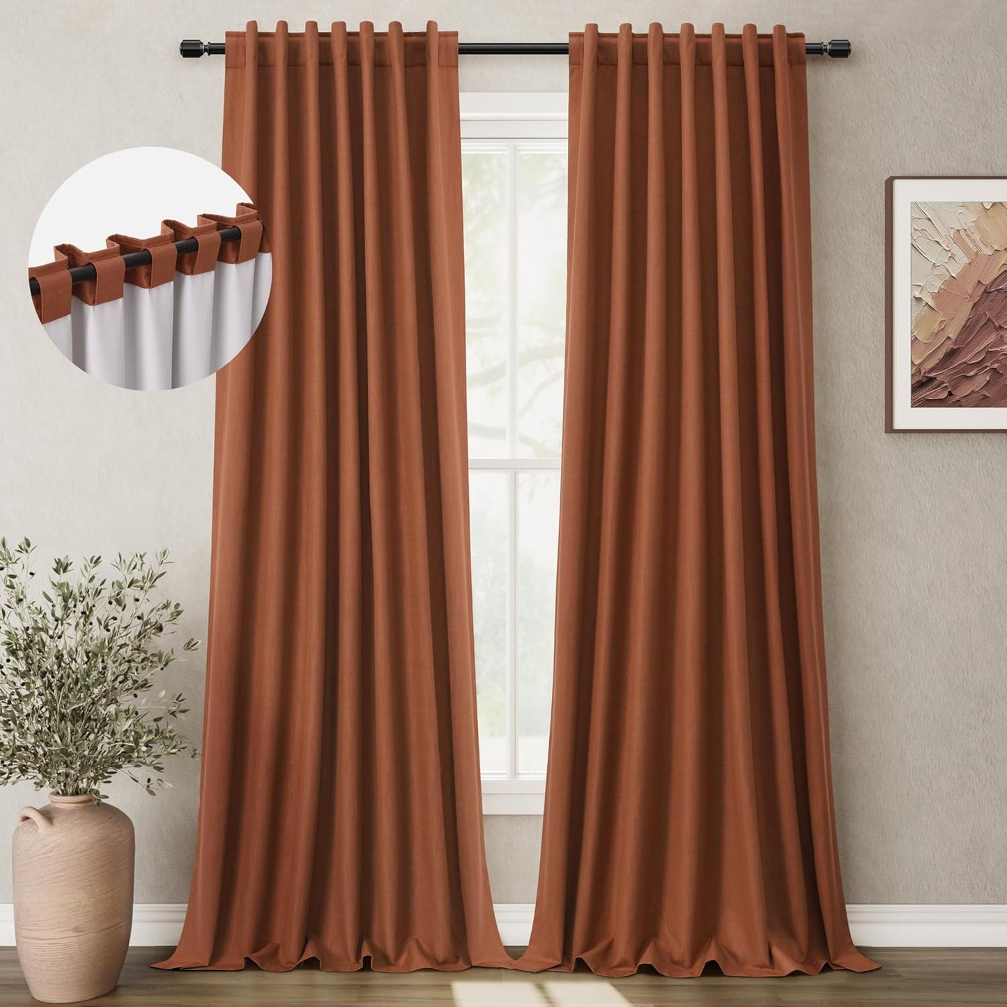 Natural Linen 100% Blackout Curtains for Bedroom 102 Inch Long 2 Panels Window Curtain Floor To Ceiling Length for Living Room Sliding Glass Door Back Tab Cream Linen Room Darkening Drapes 52x102