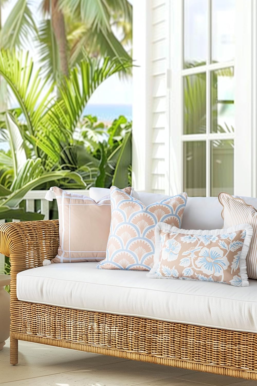 Hofdeco Premium Coastal Patio Indoor Outdoor Scalloped Throw Pillow Cover Only, 20"x20" Water Repellent for Backyard, Couch, Neutral Tan Print Stripes