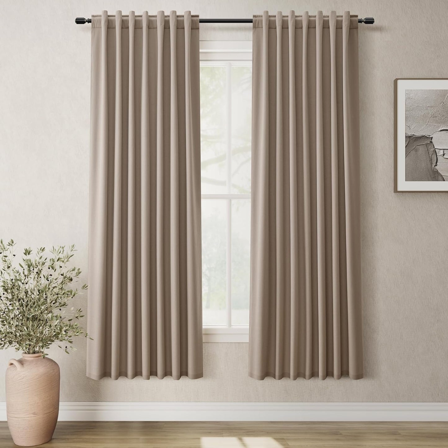 Natural Linen 100% Blackout Curtains for Bedroom 102 Inch Long 2 Panels Window Curtain Floor To Ceiling Length for Living Room Sliding Glass Door Back Tab Cream Linen Room Darkening Drapes 52x102