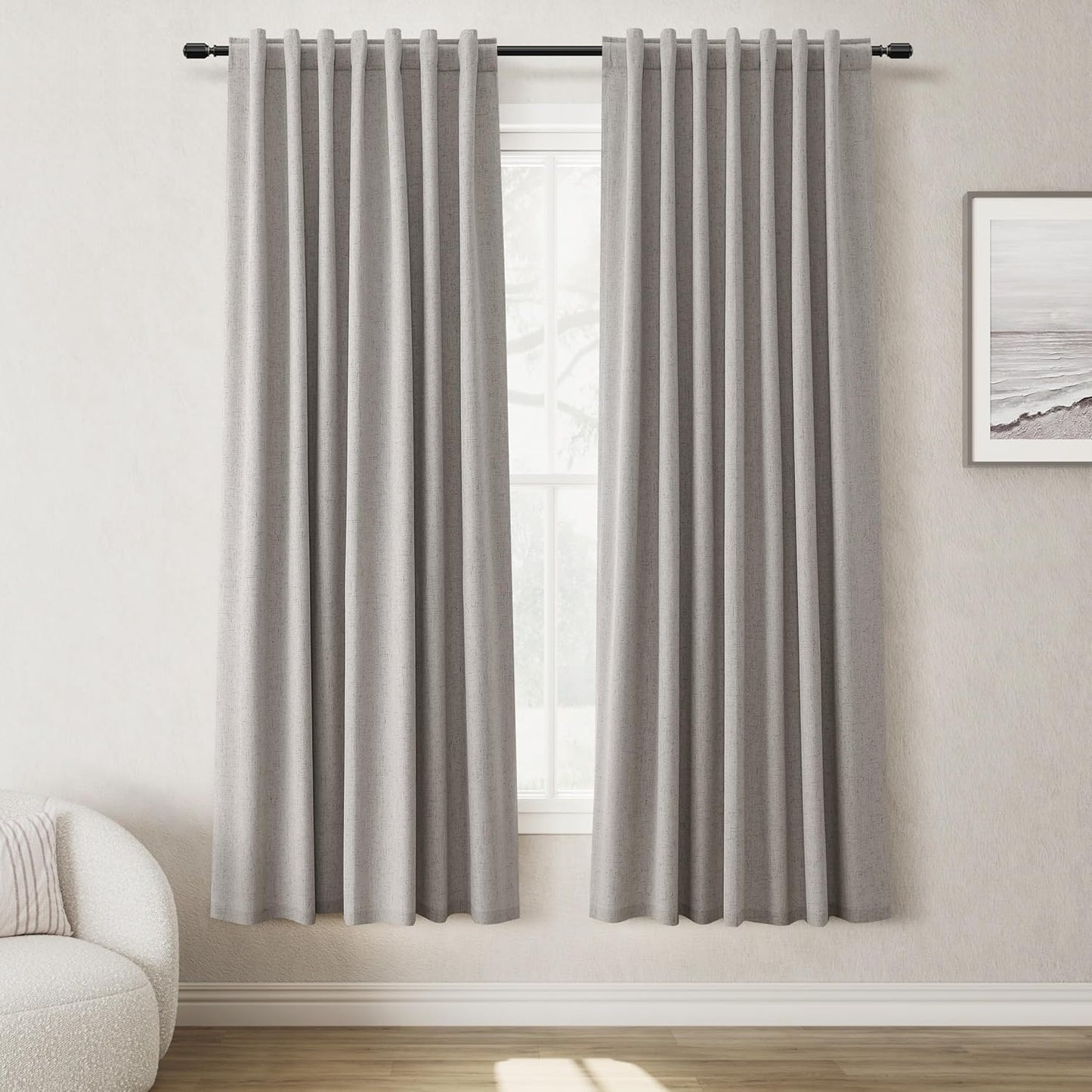 Natural Linen 100% Blackout Curtains for Bedroom 102 Inch Long 2 Panels Window Curtain Floor To Ceiling Length for Living Room Sliding Glass Door Back Tab Cream Linen Room Darkening Drapes 52x102