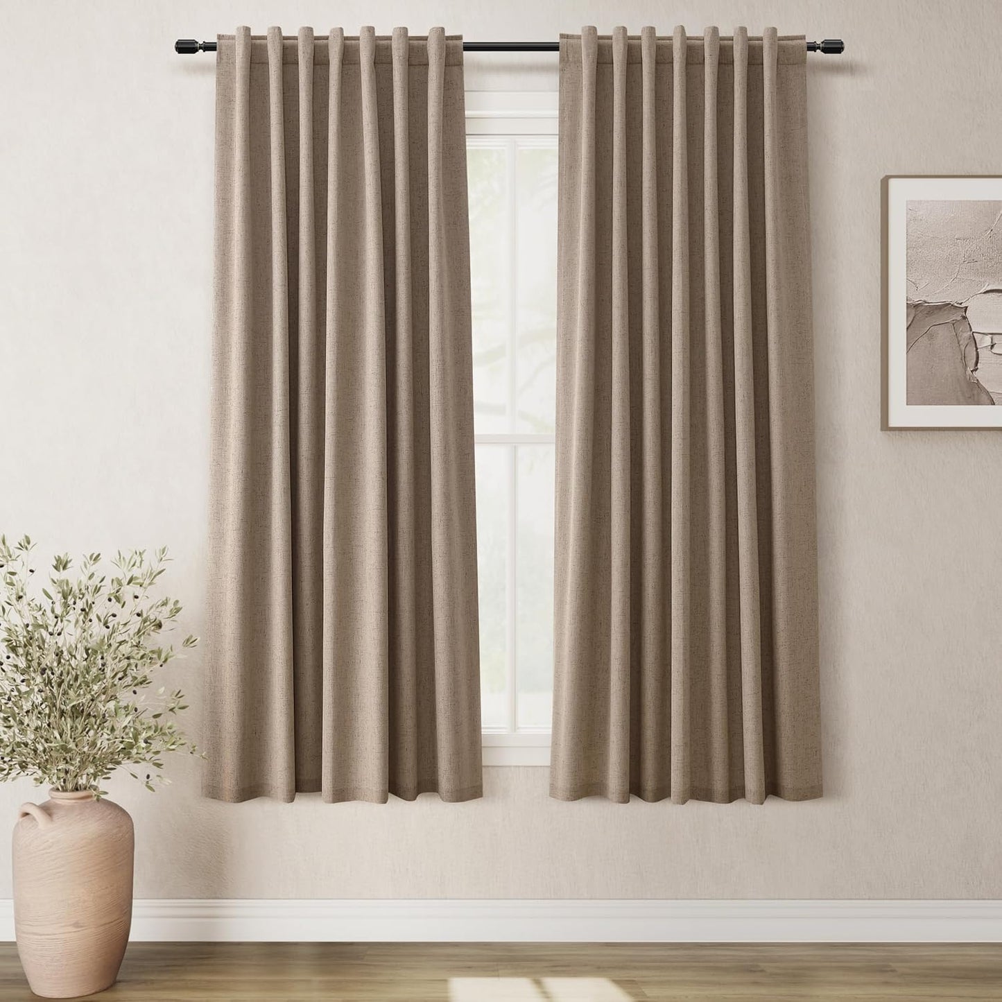 Natural Linen 100% Blackout Curtains for Bedroom 102 Inch Long 2 Panels Window Curtain Floor To Ceiling Length for Living Room Sliding Glass Door Back Tab Cream Linen Room Darkening Drapes 52x102