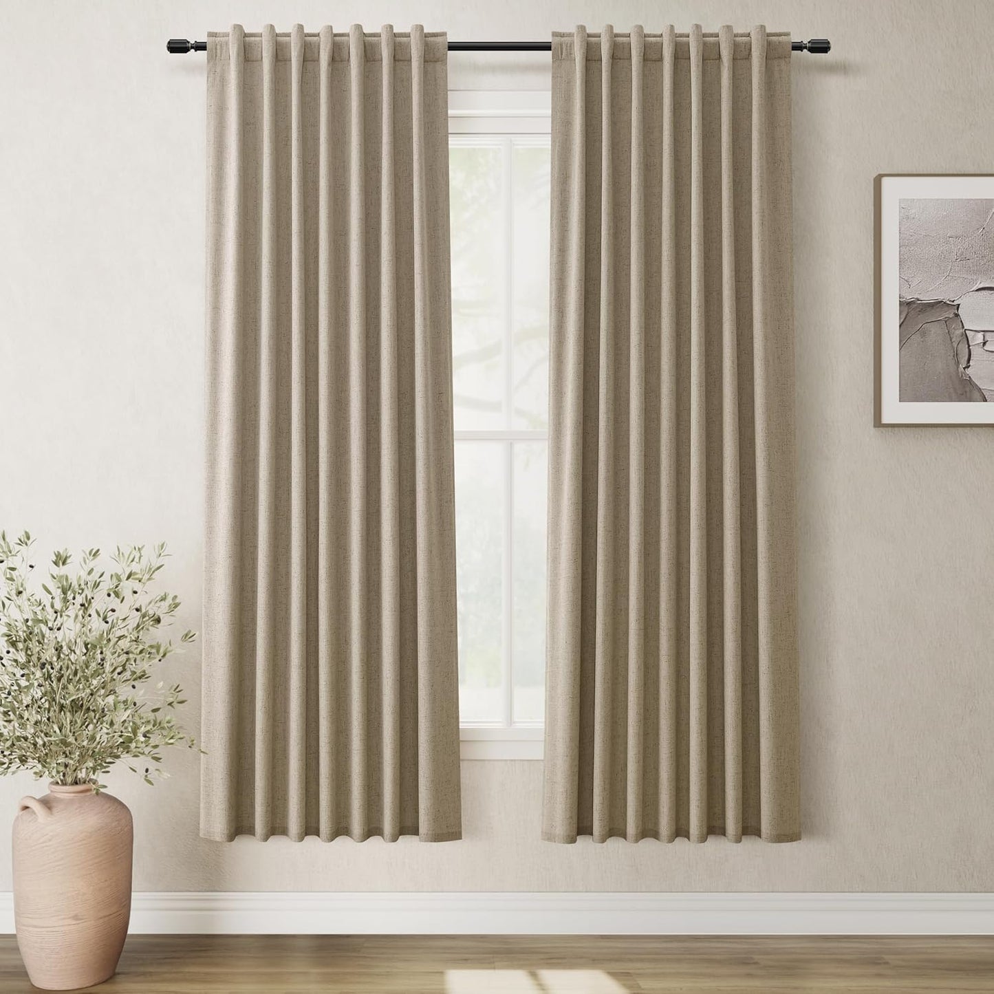 Natural Linen 100% Blackout Curtains for Bedroom 102 Inch Long 2 Panels Window Curtain Floor To Ceiling Length for Living Room Sliding Glass Door Back Tab Cream Linen Room Darkening Drapes 52x102