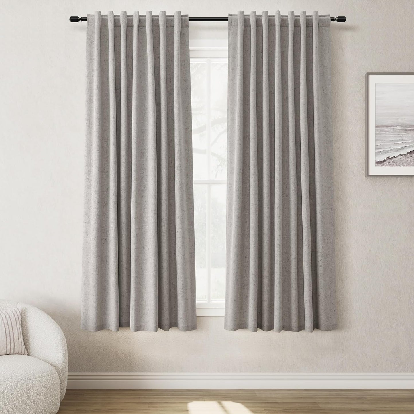 Natural Linen 100% Blackout Curtains for Bedroom 102 Inch Long 2 Panels Window Curtain Floor To Ceiling Length for Living Room Sliding Glass Door Back Tab Cream Linen Room Darkening Drapes 52x102