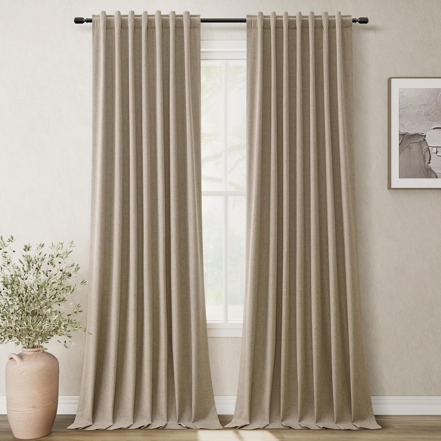 Natural Linen 100% Blackout Curtains for Bedroom 102 Inch Long 2 Panels Window Curtain Floor To Ceiling Length for Living Room Sliding Glass Door Back Tab Cream Linen Room Darkening Drapes 52x102