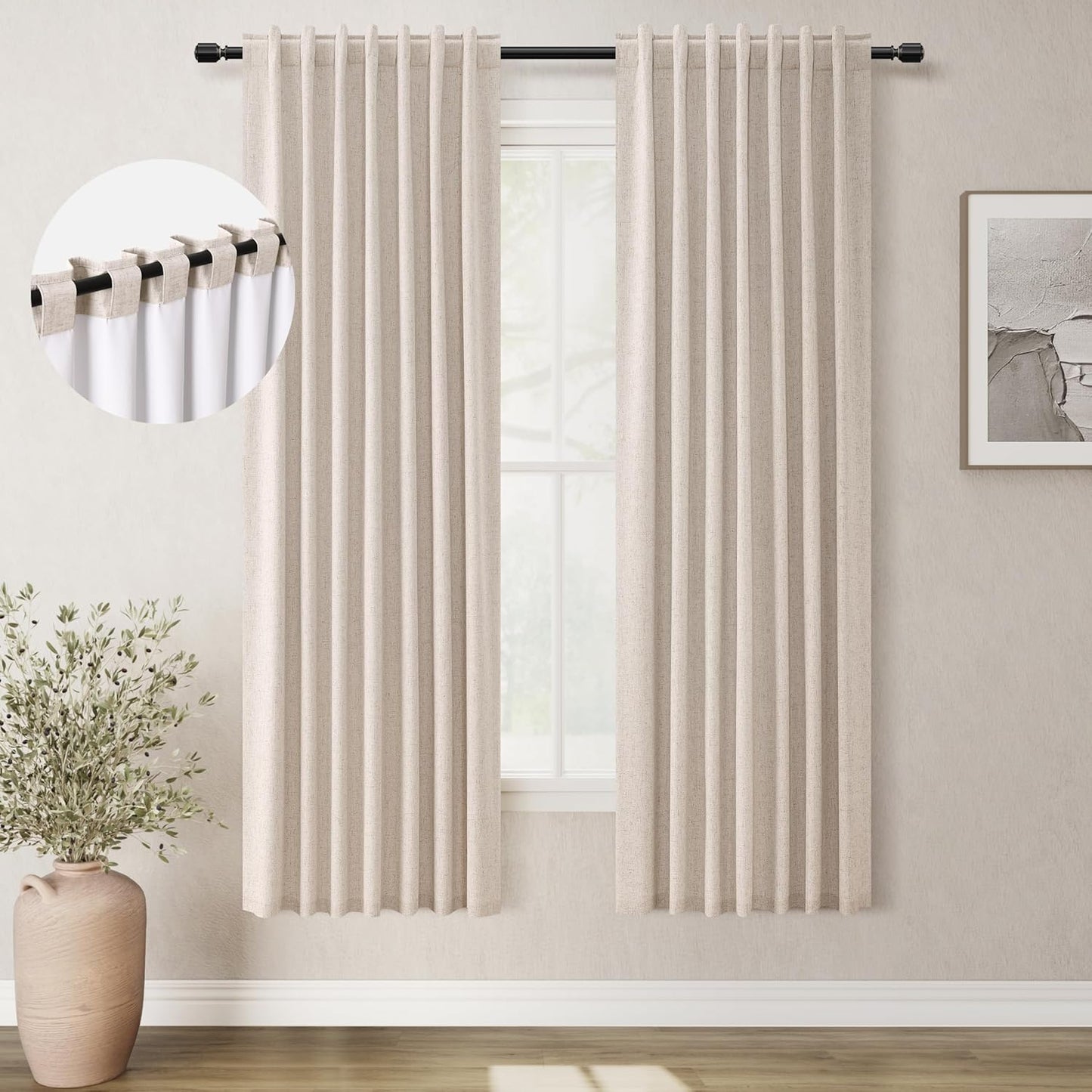 Natural Linen 100% Blackout Curtains for Bedroom 102 Inch Long 2 Panels Window Curtain Floor To Ceiling Length for Living Room Sliding Glass Door Back Tab Cream Linen Room Darkening Drapes 52x102