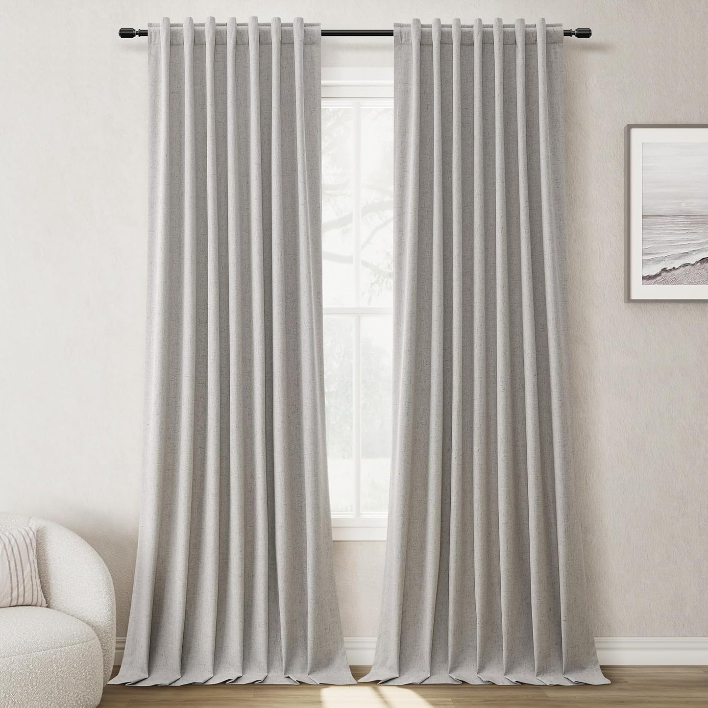 Natural Linen 100% Blackout Curtains for Bedroom 102 Inch Long 2 Panels Window Curtain Floor To Ceiling Length for Living Room Sliding Glass Door Back Tab Cream Linen Room Darkening Drapes 52x102