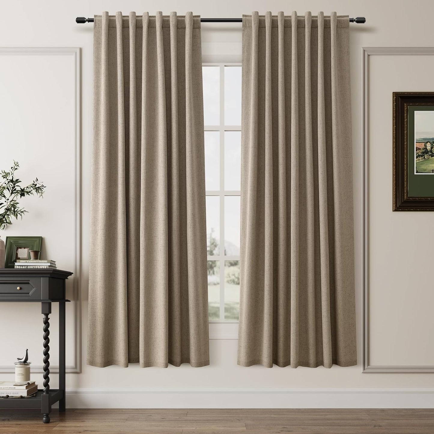 Natural Linen 100% Blackout Curtains for Bedroom 102 Inch Long 2 Panels Window Curtain Floor To Ceiling Length for Living Room Sliding Glass Door Back Tab Cream Linen Room Darkening Drapes 52x102