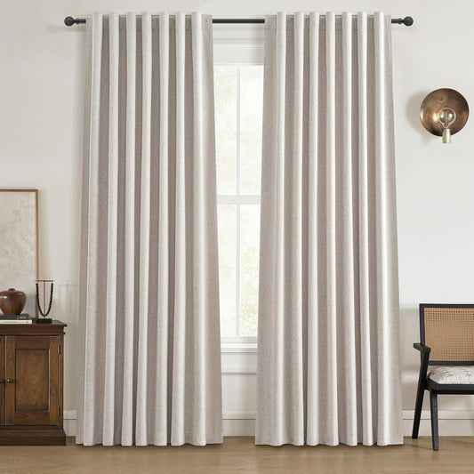 Natural Linen Blackout 92 Inch Bedroom Curtains 2 Panel Sets, Rustic Boho Cream Pleated Ceiling Track Curtain for Dining Room Heat Blocking Privacy Heavy Drape 92 Inches Long Oatmeal Back Tab