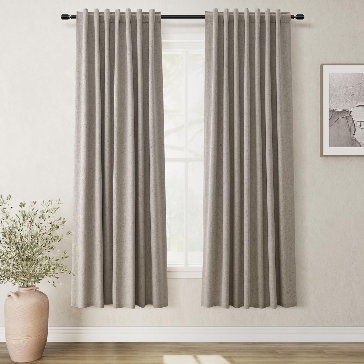 Natural Linen 100% Blackout Curtains for Bedroom 102 Inch Long 2 Panels Window Curtain Floor To Ceiling Length for Living Room Sliding Glass Door Back Tab Cream Linen Room Darkening Drapes 52x102