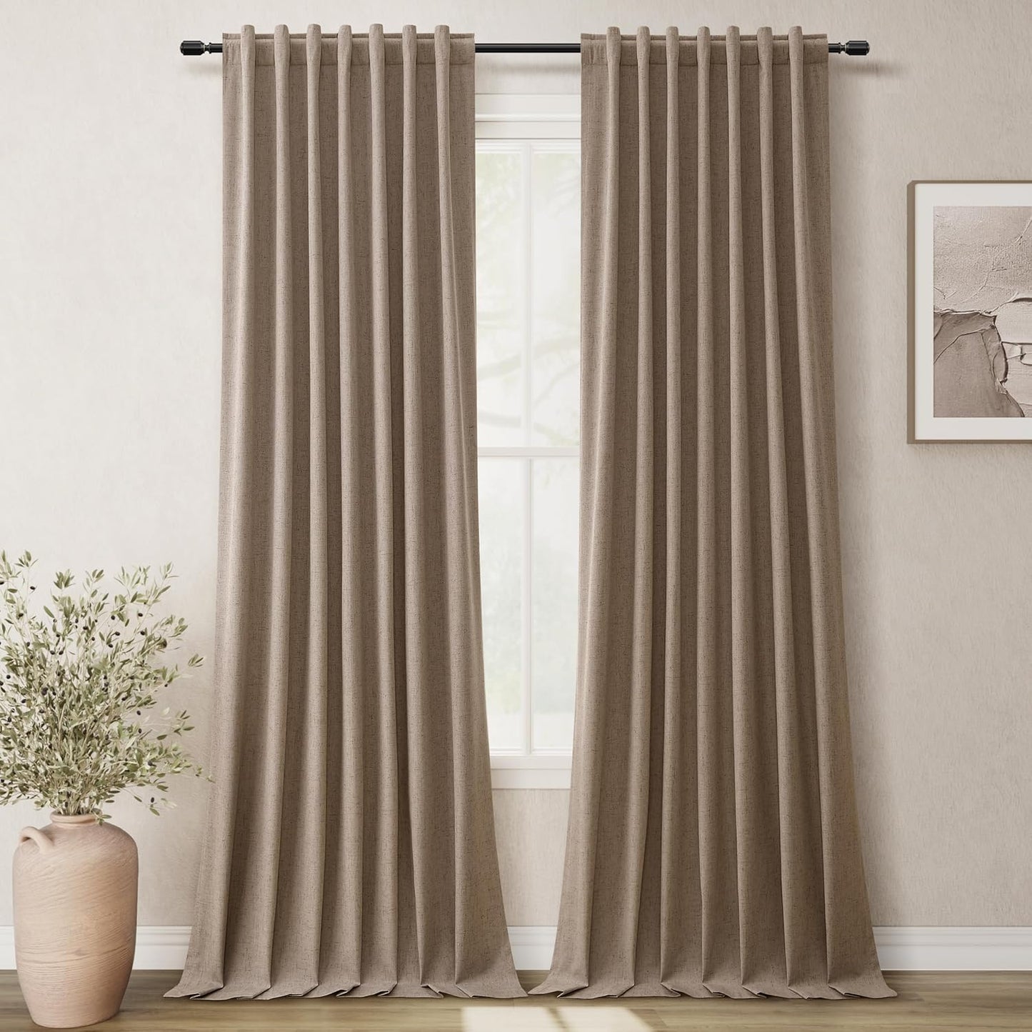 Natural Linen 100% Blackout Curtains for Bedroom 102 Inch Long 2 Panels Window Curtain Floor To Ceiling Length for Living Room Sliding Glass Door Back Tab Cream Linen Room Darkening Drapes 52x102