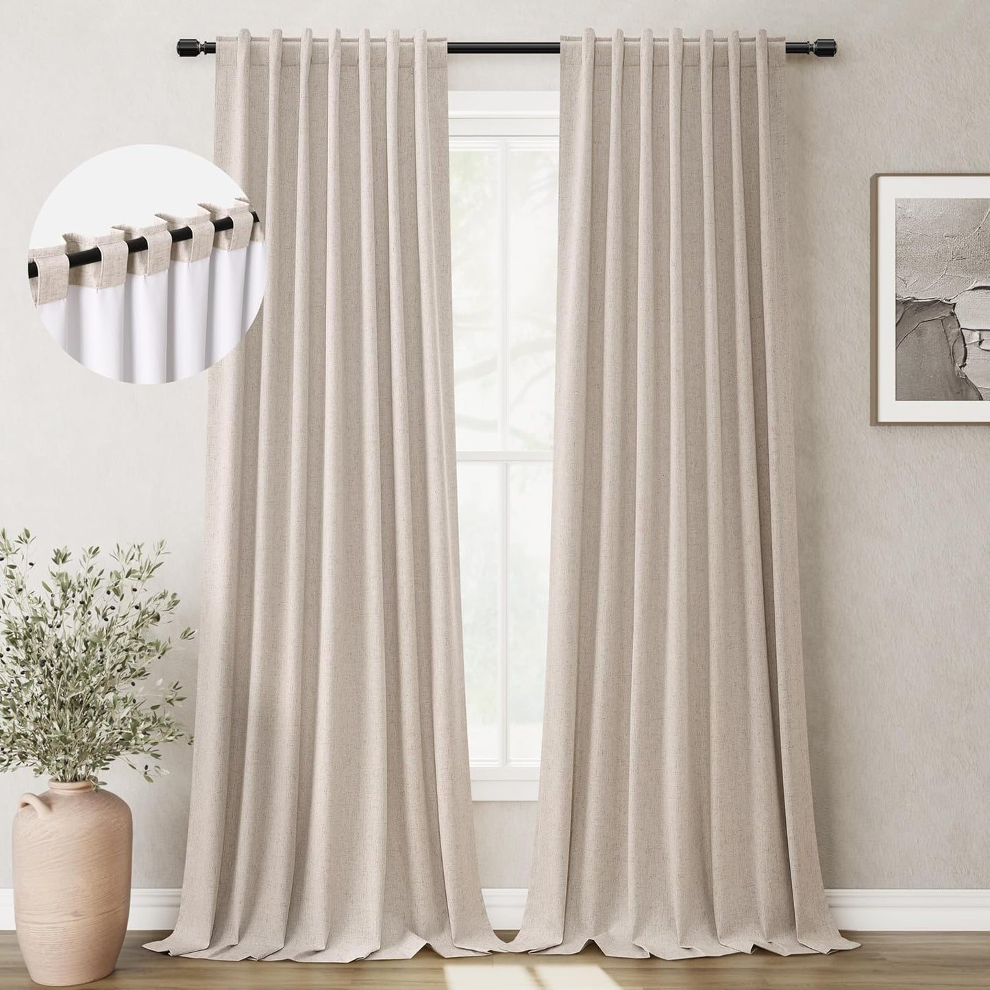 Natural Linen 100% Blackout Curtains for Bedroom 102 Inch Long 2 Panels Window Curtain Floor To Ceiling Length for Living Room Sliding Glass Door Back Tab Cream Linen Room Darkening Drapes 52x102
