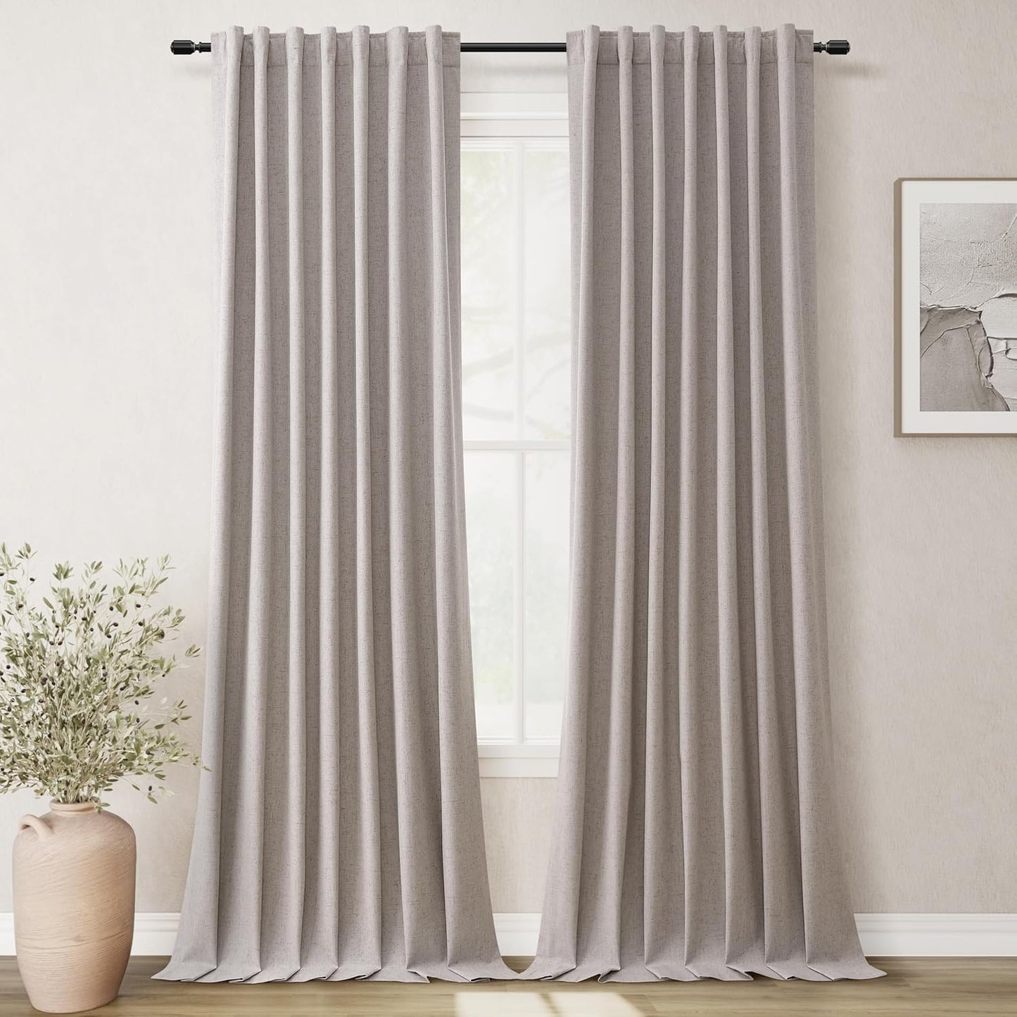 Natural Linen 100% Blackout Curtains for Bedroom 102 Inch Long 2 Panels Window Curtain Floor To Ceiling Length for Living Room Sliding Glass Door Back Tab Cream Linen Room Darkening Drapes 52x102
