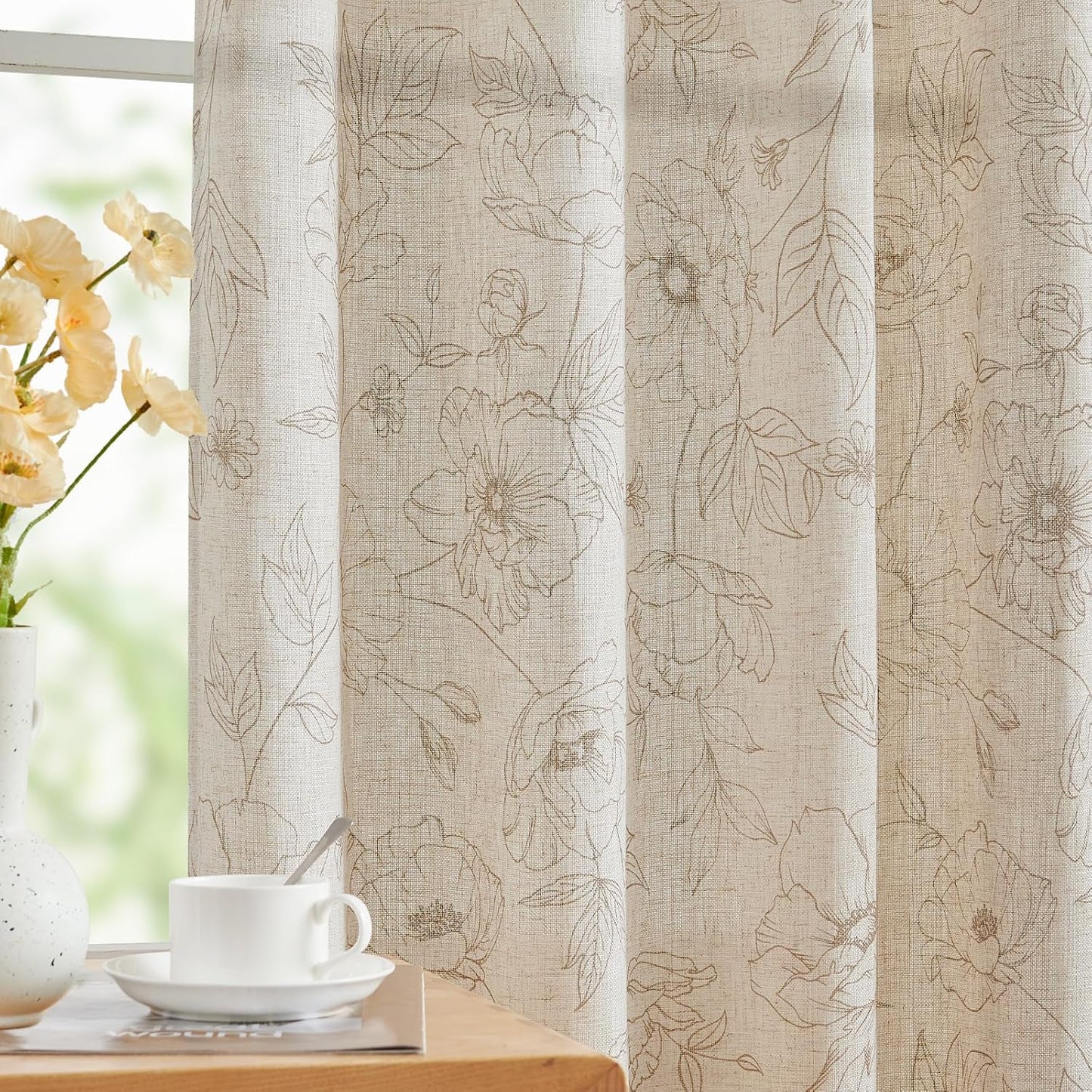 jinchan Blackout Linen Blend Curtain Floral Blackout Curtains for Living Room 84 Inch Length Black Printed with Lined Blackout Curtain for Bedroom Farmhouse Curtains Set 2 Panels