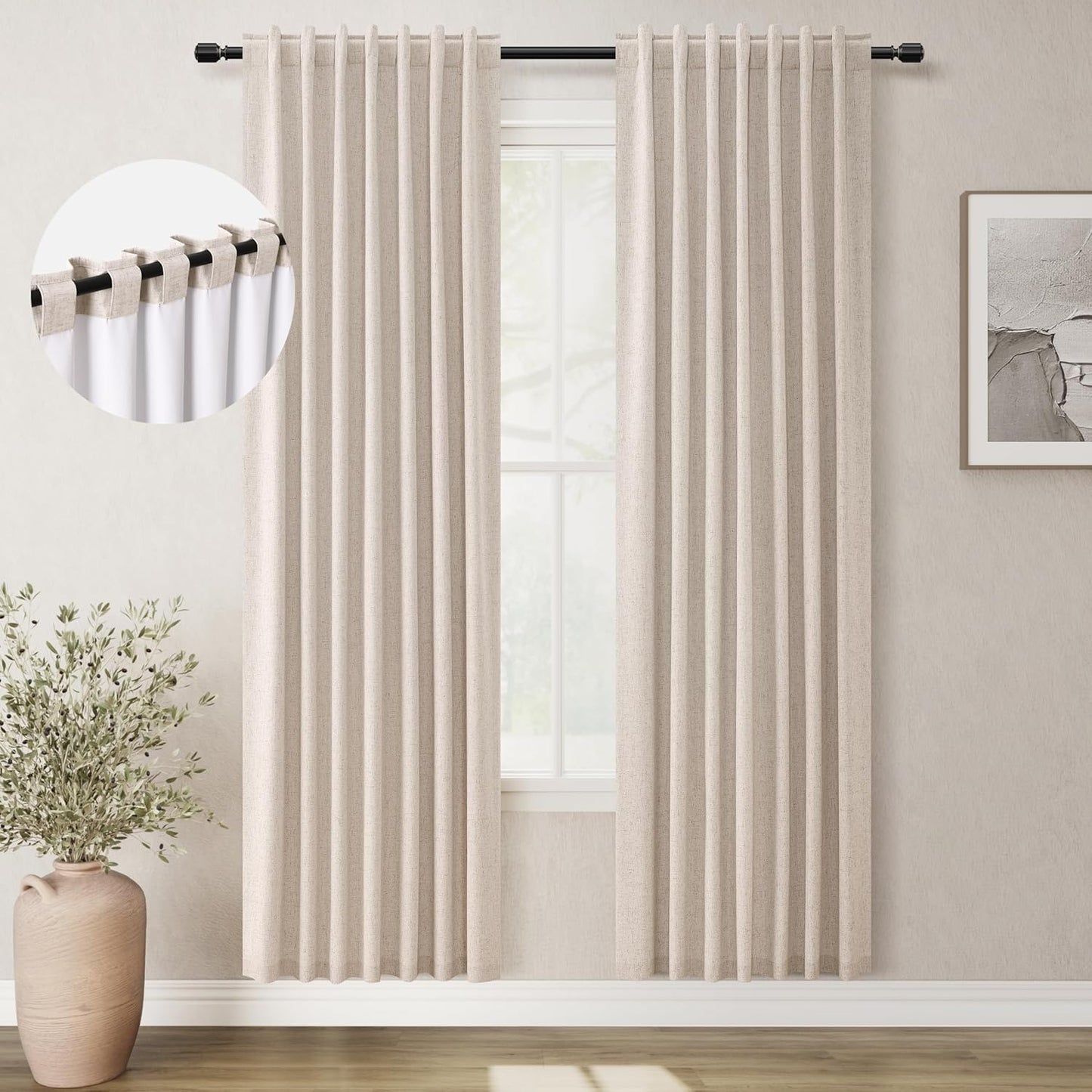 Natural Linen 100% Blackout Curtains for Bedroom 102 Inch Long 2 Panels Window Curtain Floor To Ceiling Length for Living Room Sliding Glass Door Back Tab Cream Linen Room Darkening Drapes 52x102