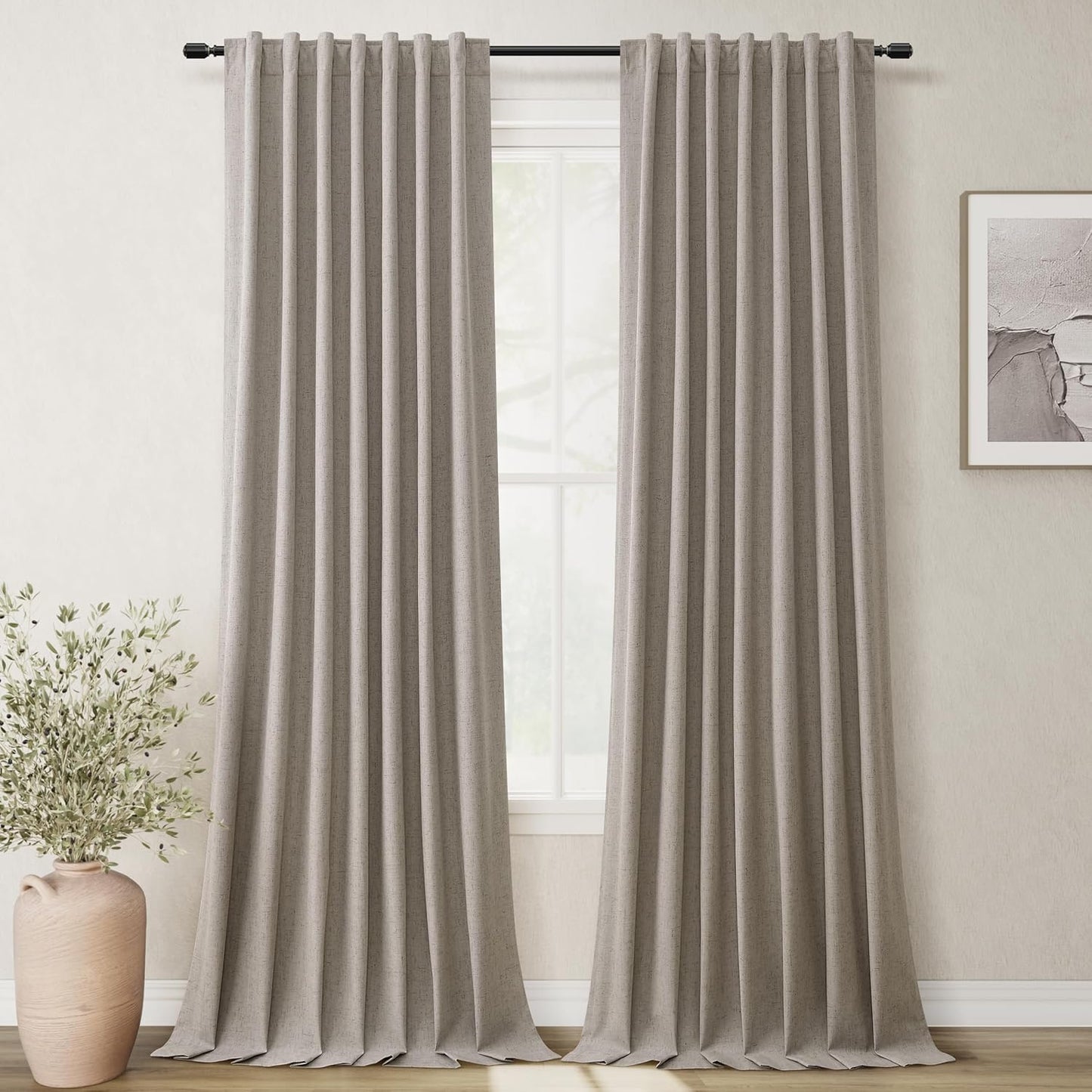 Natural Linen 100% Blackout Curtains for Bedroom 102 Inch Long 2 Panels Window Curtain Floor To Ceiling Length for Living Room Sliding Glass Door Back Tab Cream Linen Room Darkening Drapes 52x102
