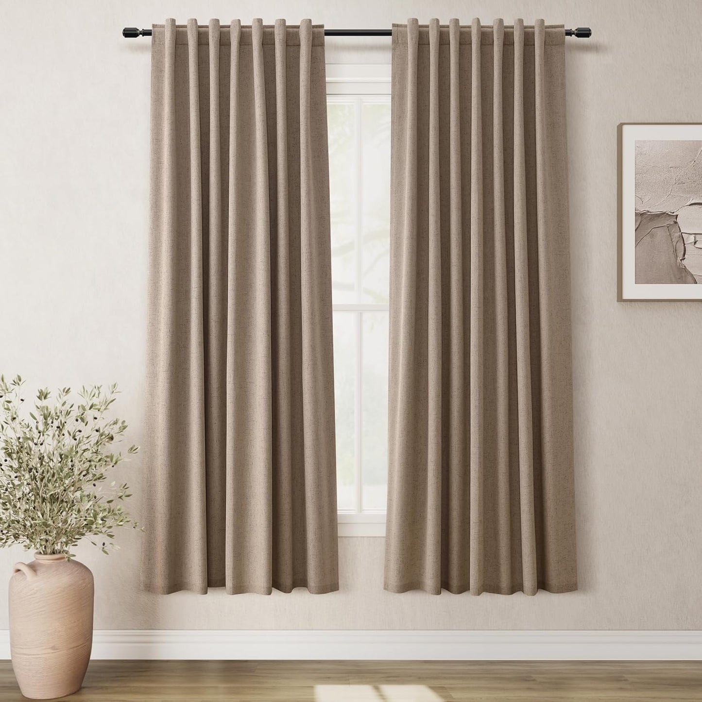 Natural Linen 100% Blackout Curtains for Bedroom 102 Inch Long 2 Panels Window Curtain Floor To Ceiling Length for Living Room Sliding Glass Door Back Tab Cream Linen Room Darkening Drapes 52x102